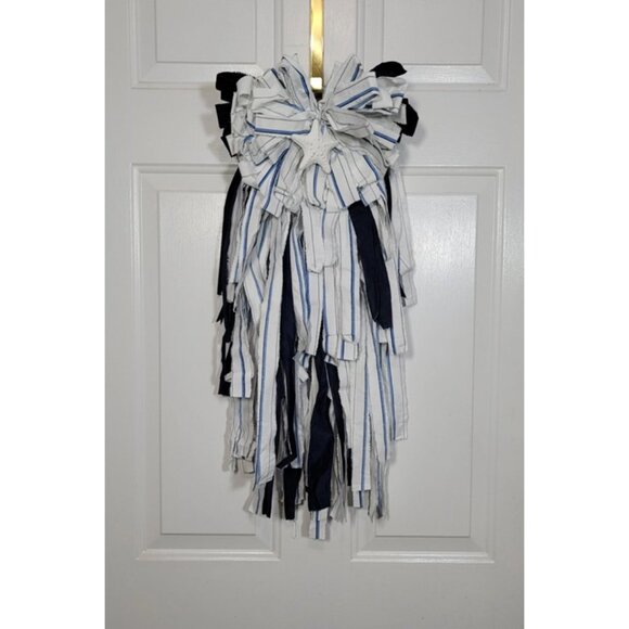 Beach Rag Bow, Starfish Rag Bow, Summer Coastal White/Blue Stripe Wreath Rag Bow - Picture 5 of 12